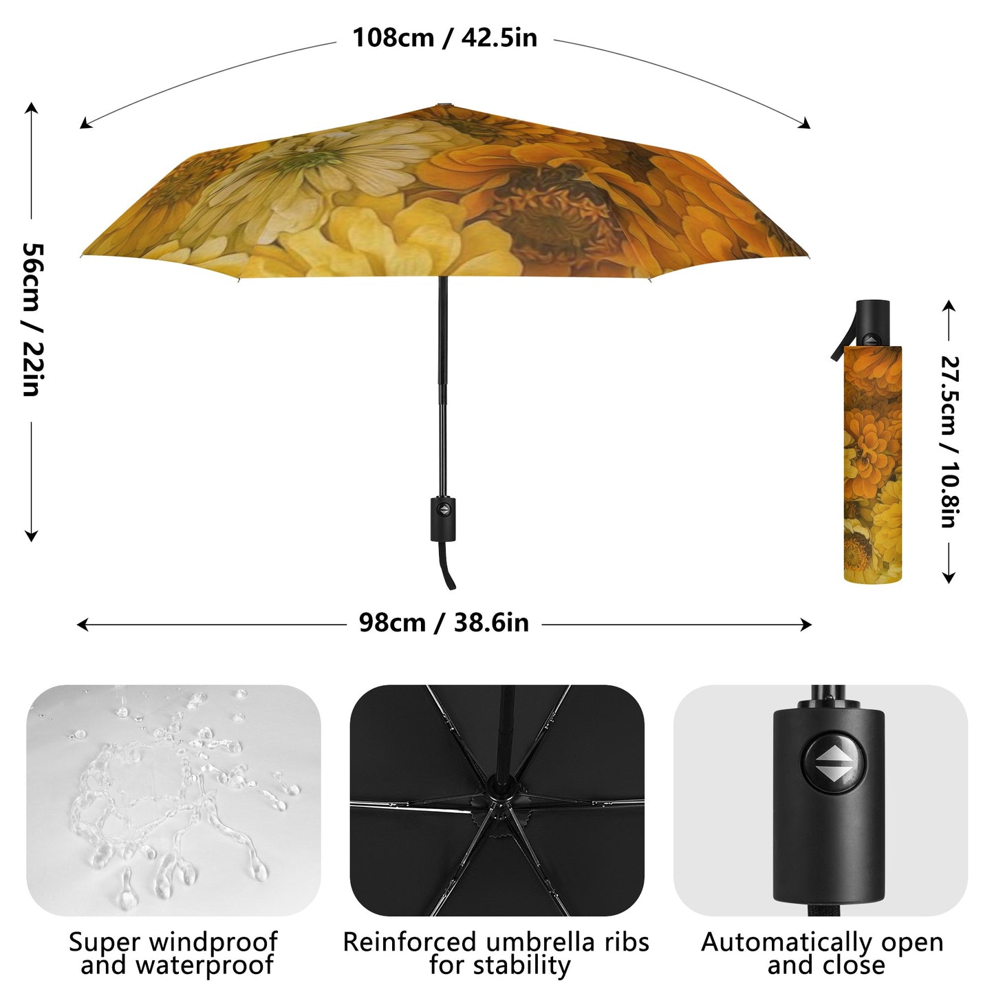Yellow Zinnias Fully Auto Open & Close Umbrella Printing Outside