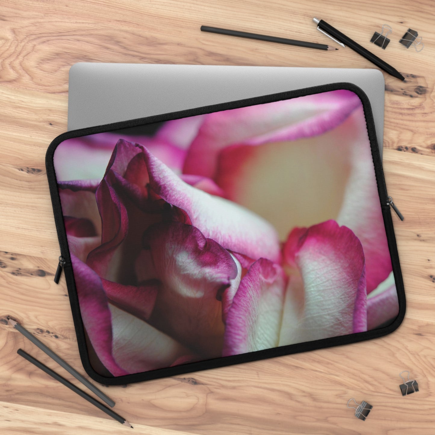 Pink Lined White Rose Laptop Sleeve