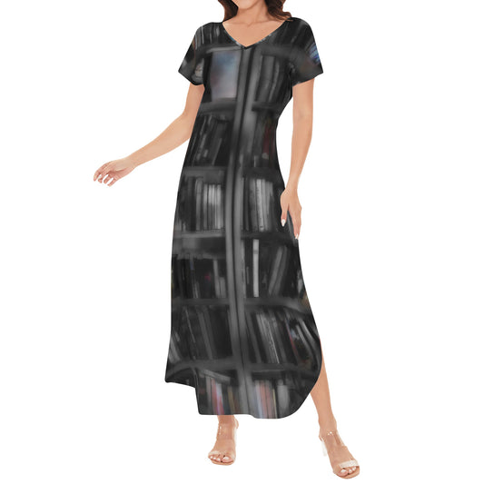 Black and White Bookshelves Womens Short Sleeve Long Draped Dress