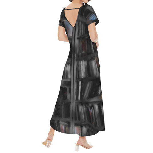 Black and White Bookshelves Womens Short Sleeve Long Draped Dress