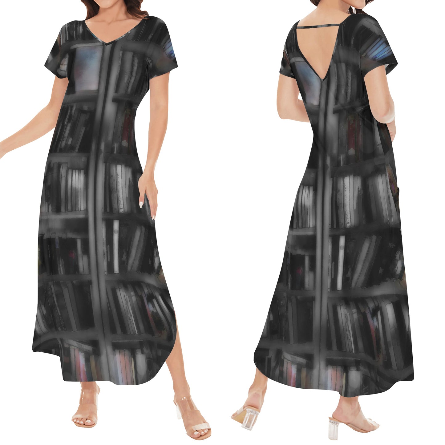 Black and White Bookshelves Womens Short Sleeve Long Draped Dress