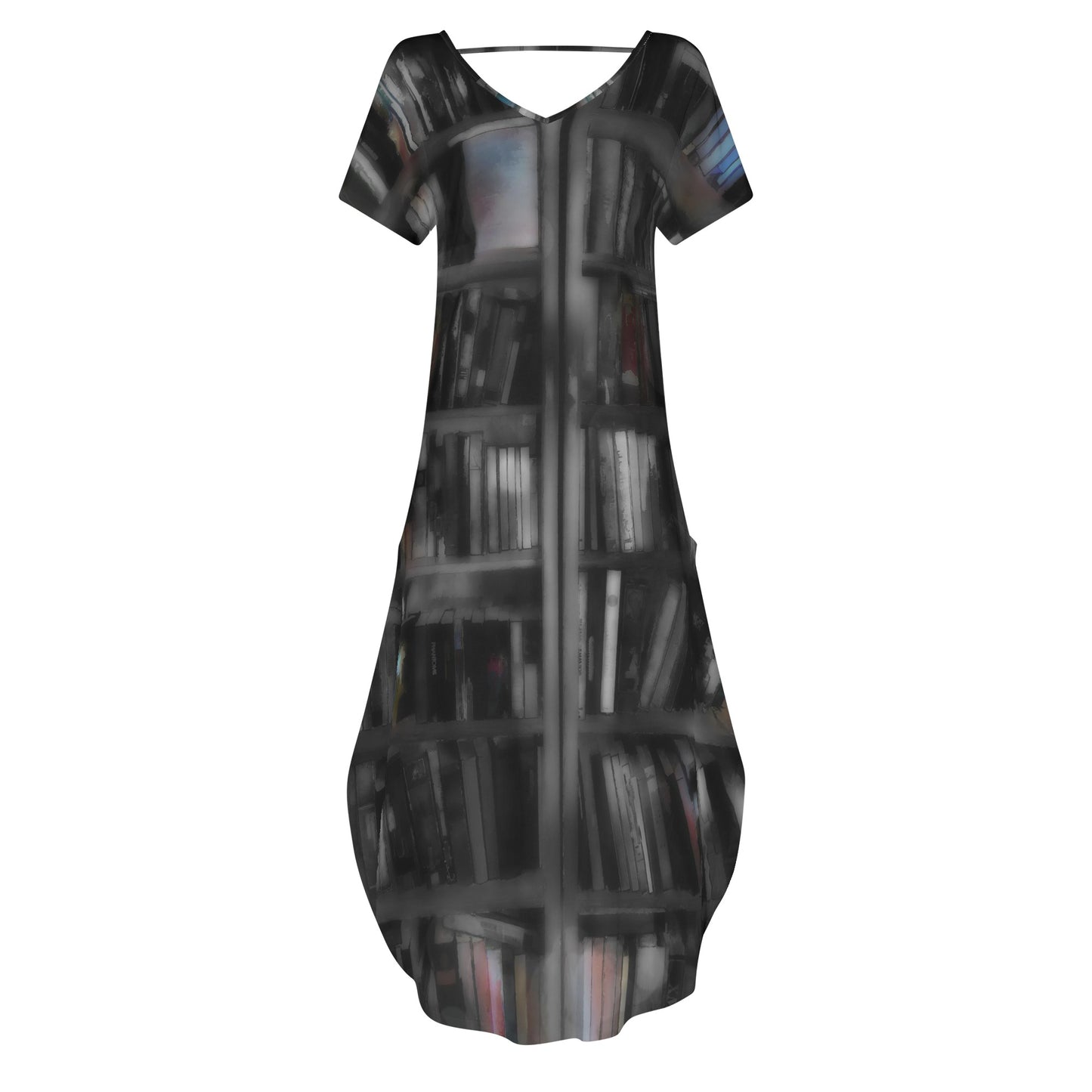 Black and White Bookshelves Womens Short Sleeve Long Draped Dress