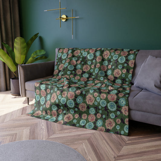 Earthy Peach and Turquoise Flower Pattern Crushed Velvet Blanket