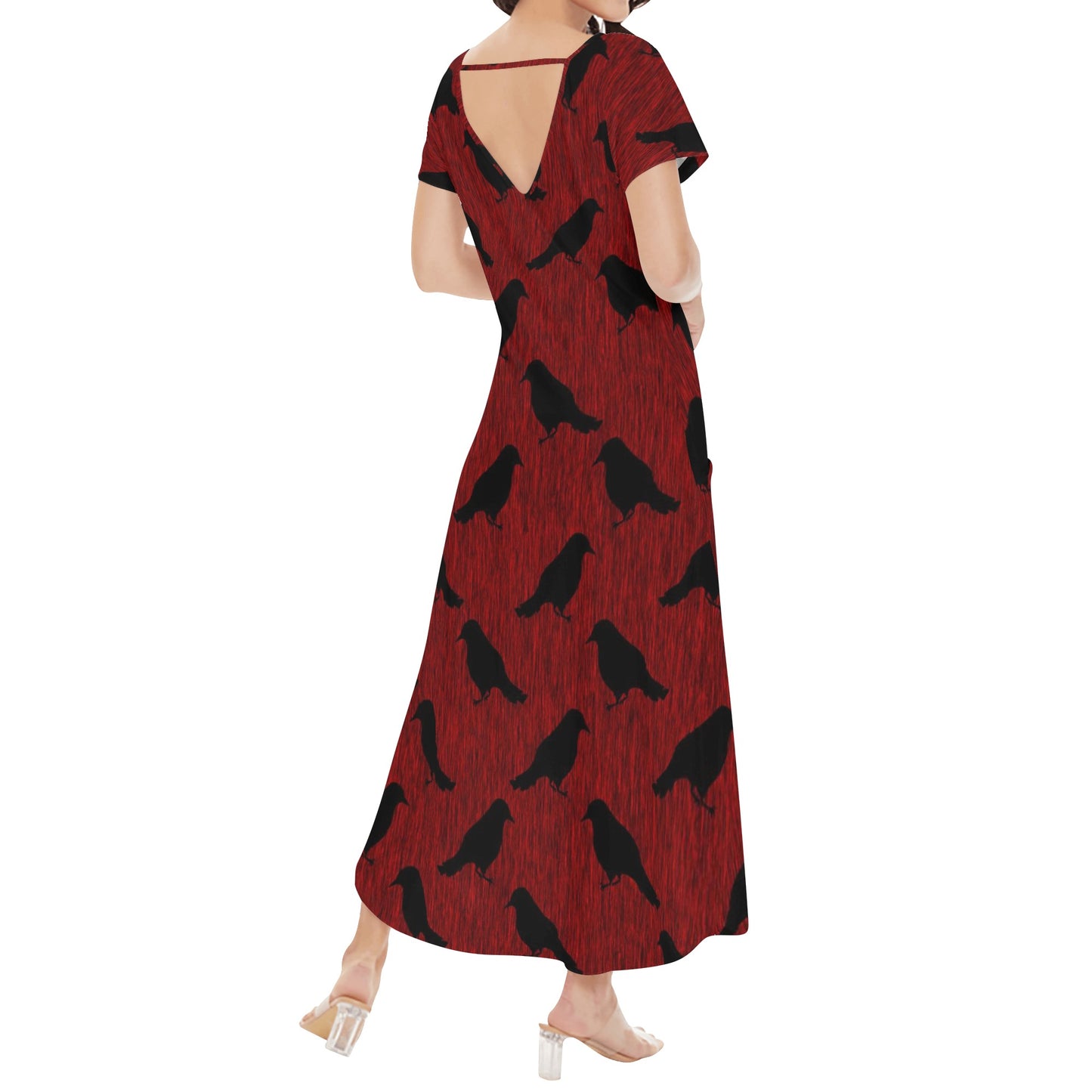 Ravens Pattern Womens Short Sleeve Long Draped Dress