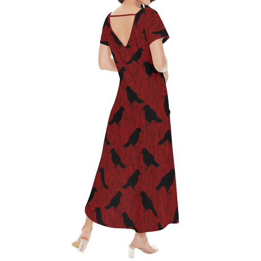 Ravens Pattern Womens Short Sleeve Long Draped Dress