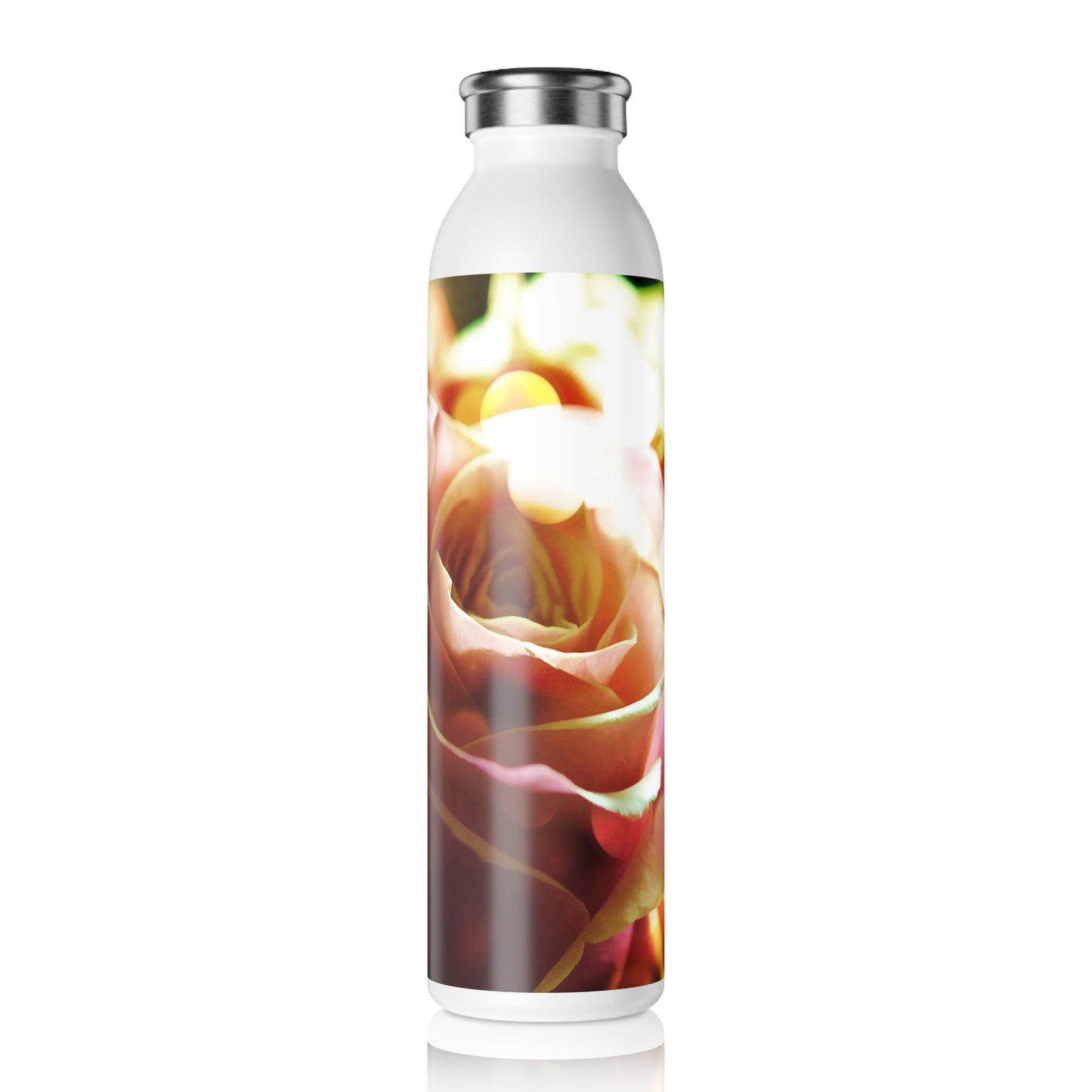 Slim Water Bottle — Pink Rose in Bokeh Stainless Steel Bottle (Elegant Floral Design)