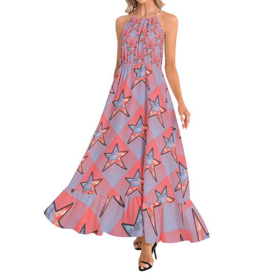 American Flag Star Ruffle Hem Halter Neck Maxi Dress