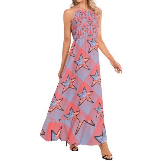 American Flag Star Ruffle Hem Halter Neck Maxi Dress