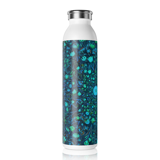 Blue Green Medieval Flowers Slim Water Bottle, Floral Hydration Bottle, Eco-Friendly Drinkware, Gift for Nature Lovers, Reusable Beverage Container