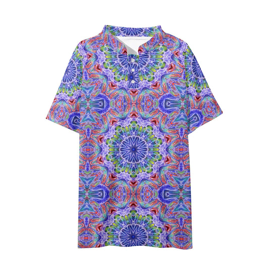 Red Blue Kaleidoscope Mens Button Up Short Sleeve Golf Tennis T-Shirts Casual Business Polo Shirts