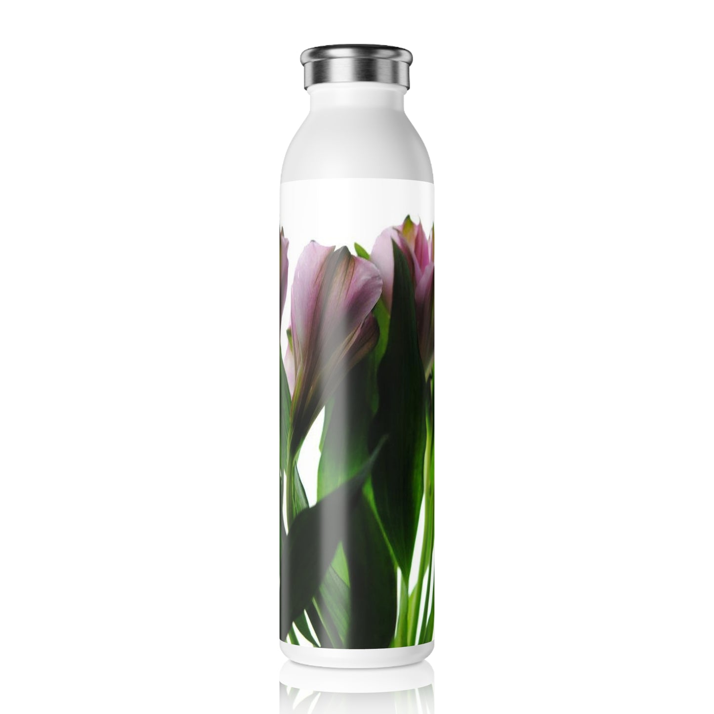 Slim Water Bottle — Pink Flowers Green Stems Stainless Steel Bottle