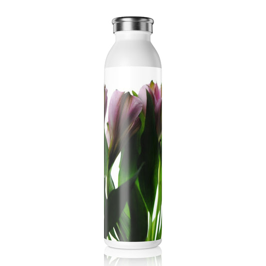 Slim Water Bottle — Pink Flowers Green Stems Stainless Steel Bottle