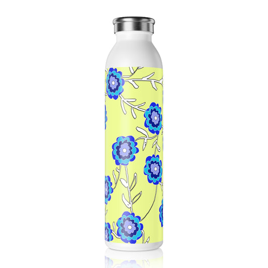 Blue Flowers On Yellow Slim Water Bottle | Eco-Friendly Drinkware, Gift for Her, Summer Hydration, Travel Accessory, Yoga Essentials
