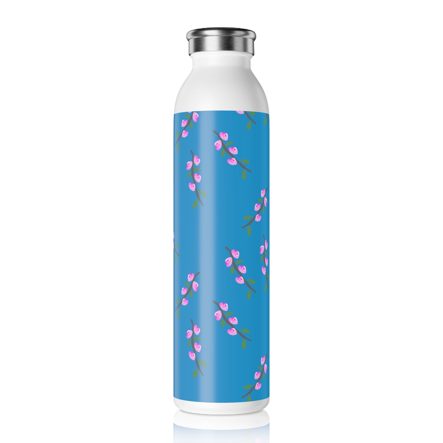 Pink Flower Branches Slim Water Bottle — Blue Pink Blossom Stainless Steel Bottle