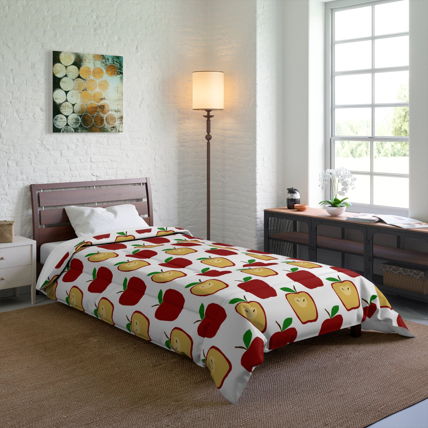 Apple Pattern Comforter - Cute Red & Yellow Apples Bedding for Kids, Dorms & Fall Decor