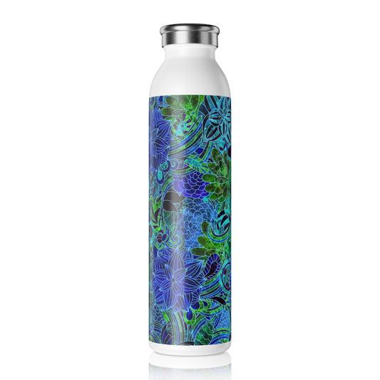Blue Green Flower Pattern Slim Water Bottle - Eco-Friendly Hydration, Reusable Drink Container, Travel Mug, Gift for Nature Lovers, Yoga and Fitness