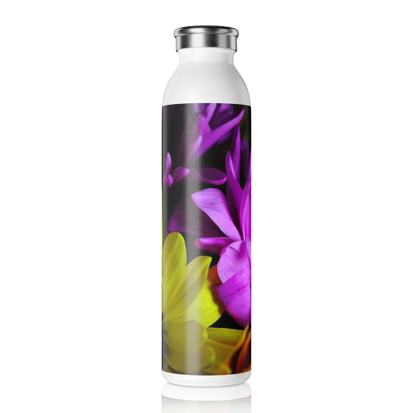 Slim Water Bottle — Bright Yellow & Purple Floral Stainless Steel Bottle