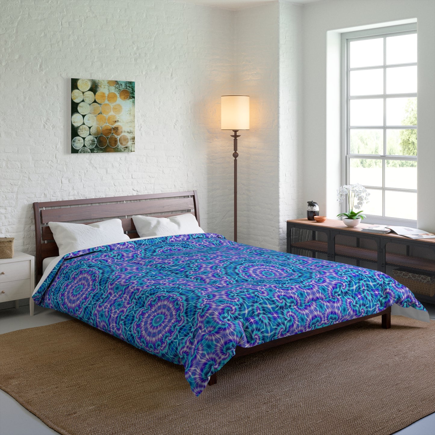 Mandala Blue Purple Comforter — Boho Kaleidoscope Tie Dye Bedding