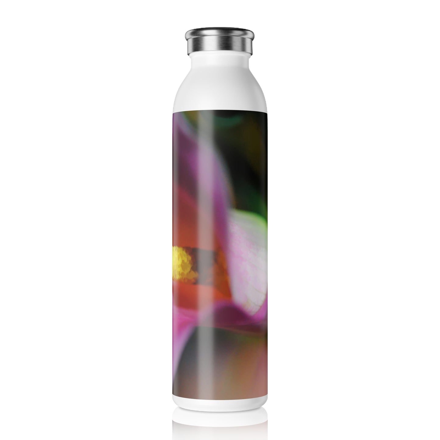 Pink Calla Lily Sideview Slim Water Bottle — Pink Close-Up Floral Print Slim Bottle