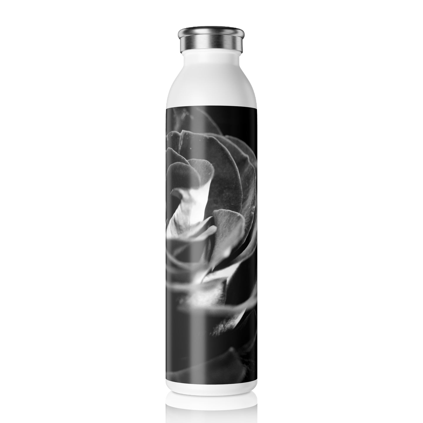 Dark Black and White Rose Water Bottle, Slim Stainless Steel Flask, Floral Travel Mug, Gift for Nature Lovers, Black and White Rose Design