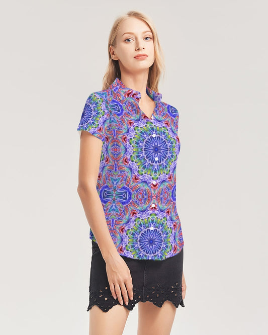 Blue Red Kaleidoscope Women's All-Over Print Short Sleeve Button Up