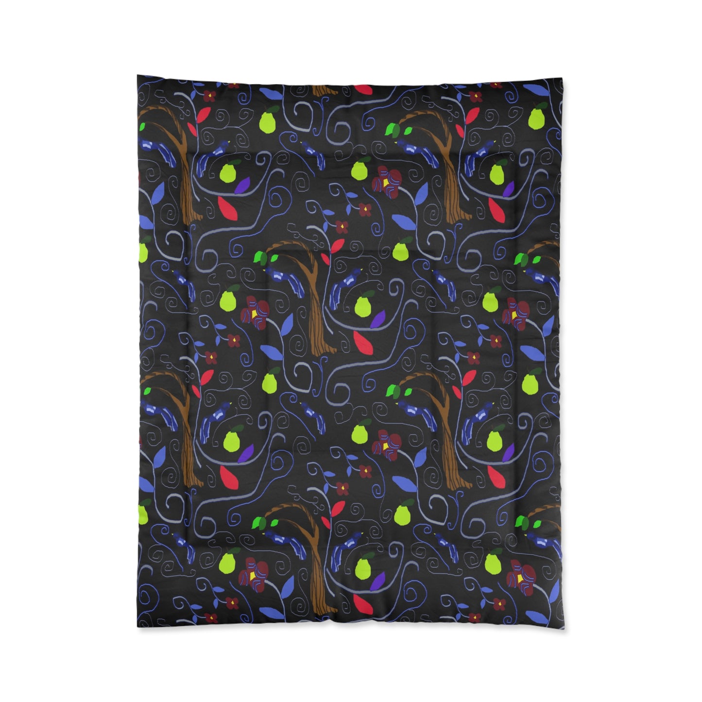 Dark Whimsical Tree Comforter – Colorful Leaf Pattern Bedding