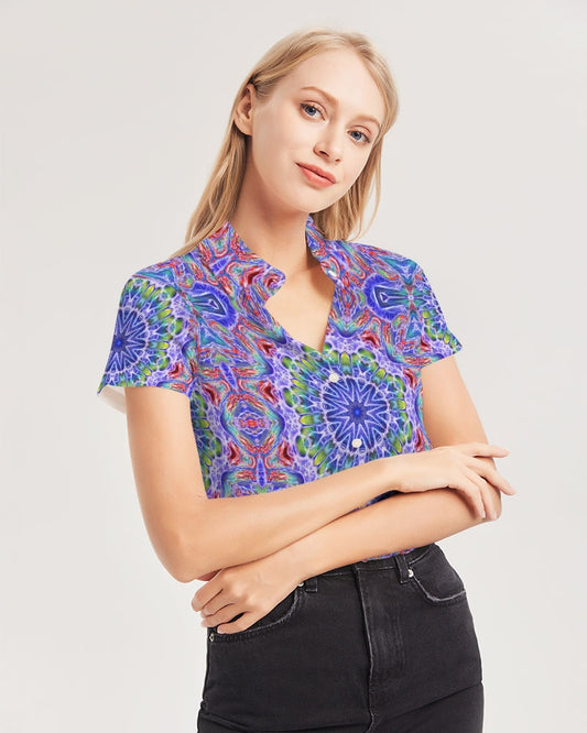 Blue Red Kaleidoscope Women's All-Over Print Short Sleeve Button Up