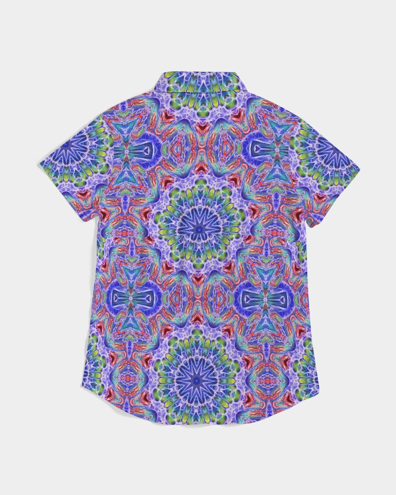 Blue Red Kaleidoscope Women's All-Over Print Short Sleeve Button Up
