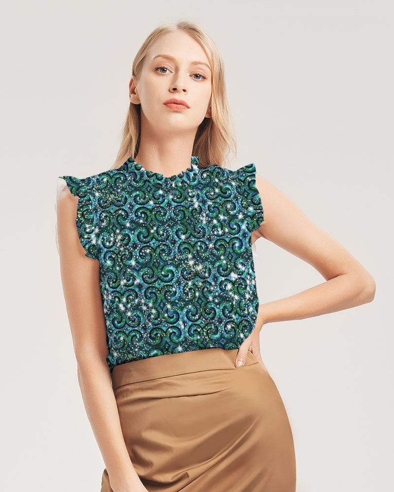Blue Ice Sparkle Swirl Women's All-Over Print Ruffle Sleeve Top