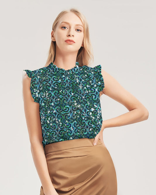 Blue Ice Sparkle Swirl Women's All-Over Print Ruffle Sleeve Top