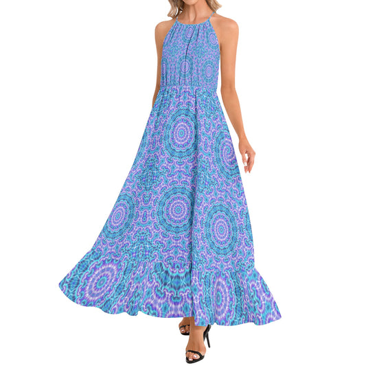 Blue and Purple Tie Dye Kaleidoscope Ruffle Hem Halter Neck Maxi Dress