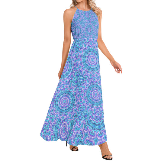 Blue and Purple Tie Dye Kaleidoscope Ruffle Hem Halter Neck Maxi Dress