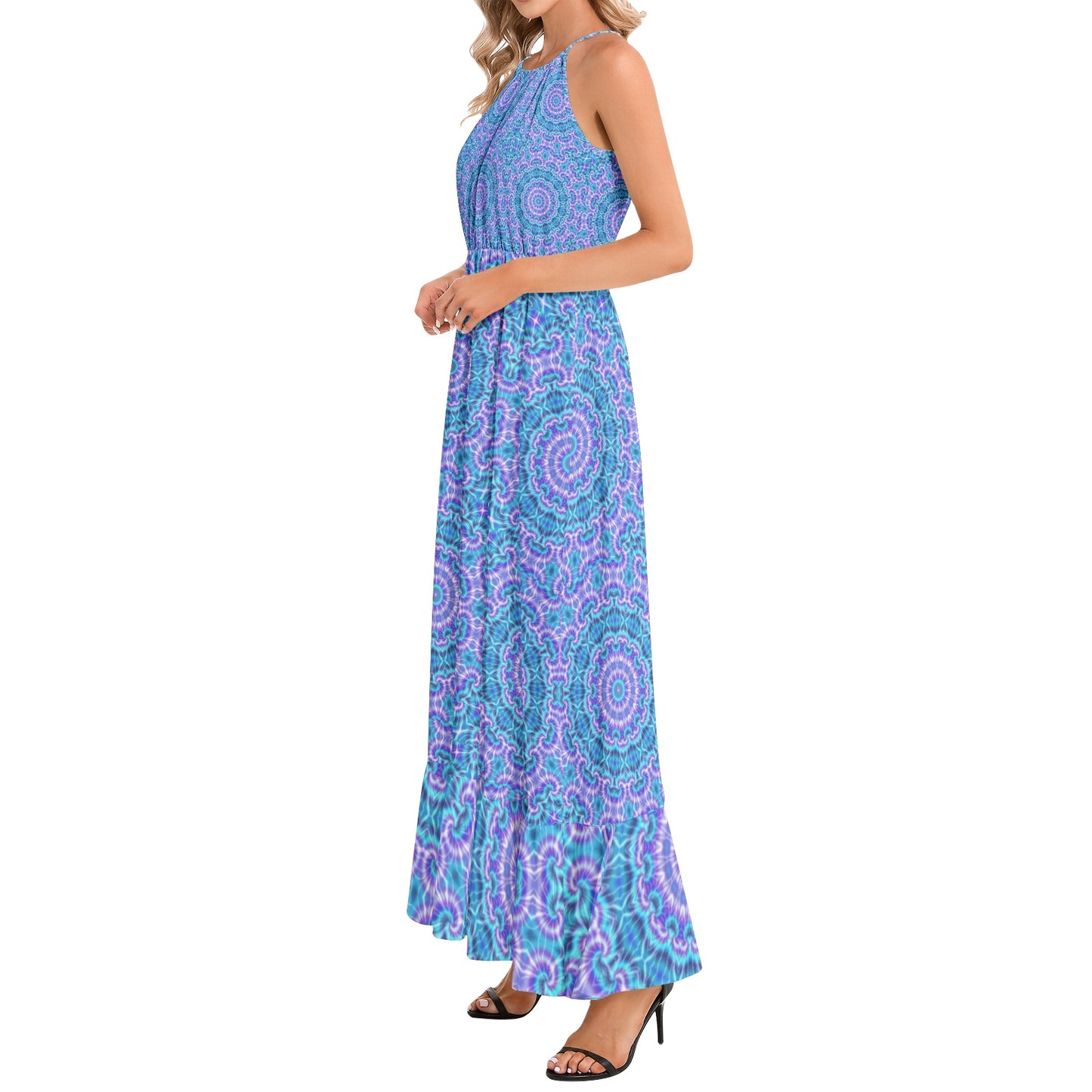 Blue and Purple Tie Dye Kaleidoscope Ruffle Hem Halter Neck Maxi Dress