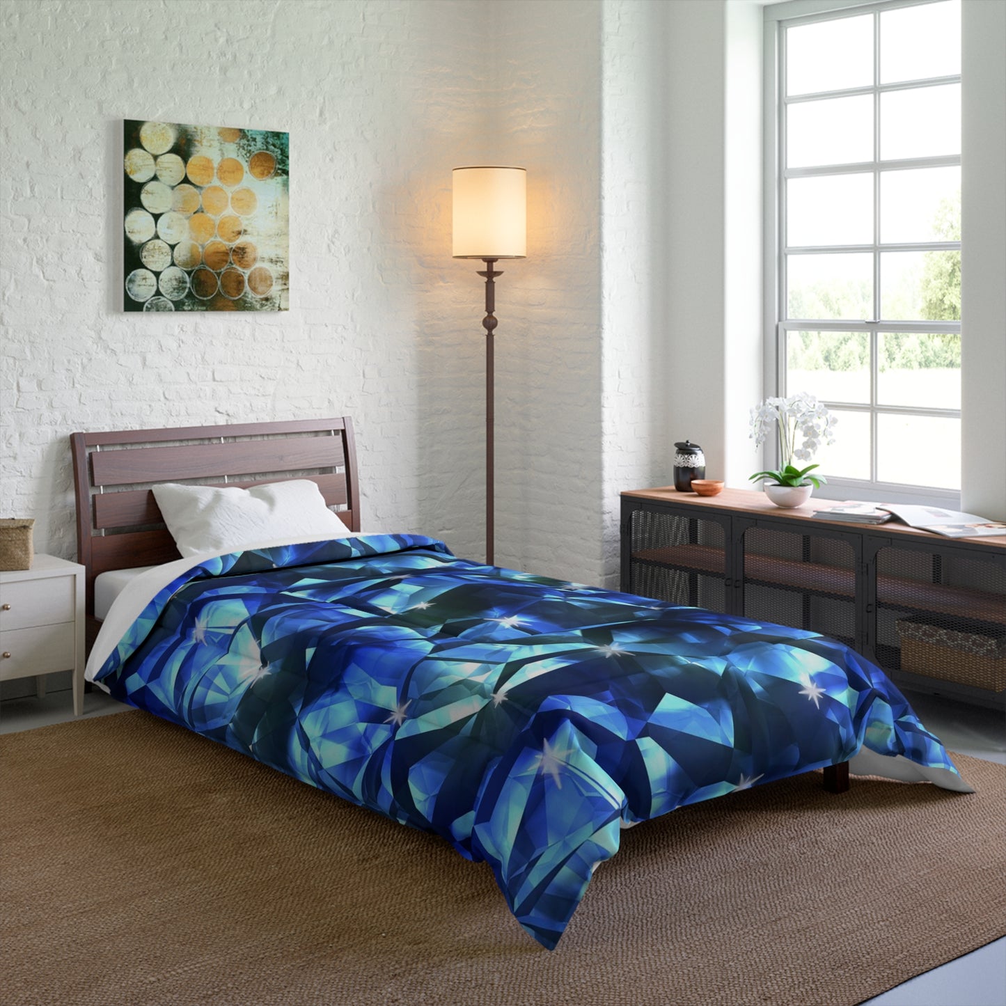 Blue Facet Gem Comforter – Abstract Crystal Pattern Bedding