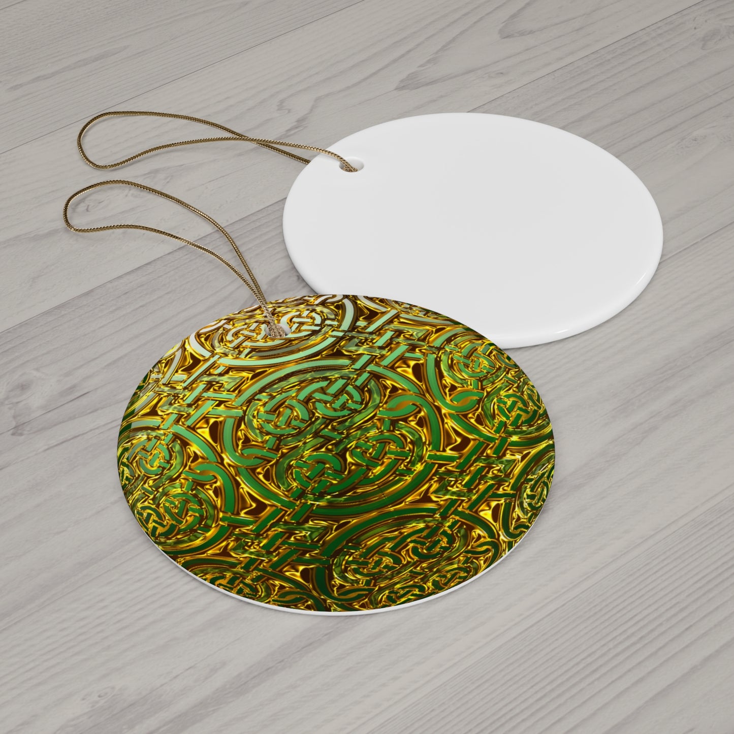 Celtic Green Gold Ceramic Star Ornament — Intricate Knotwork Holiday Decoration