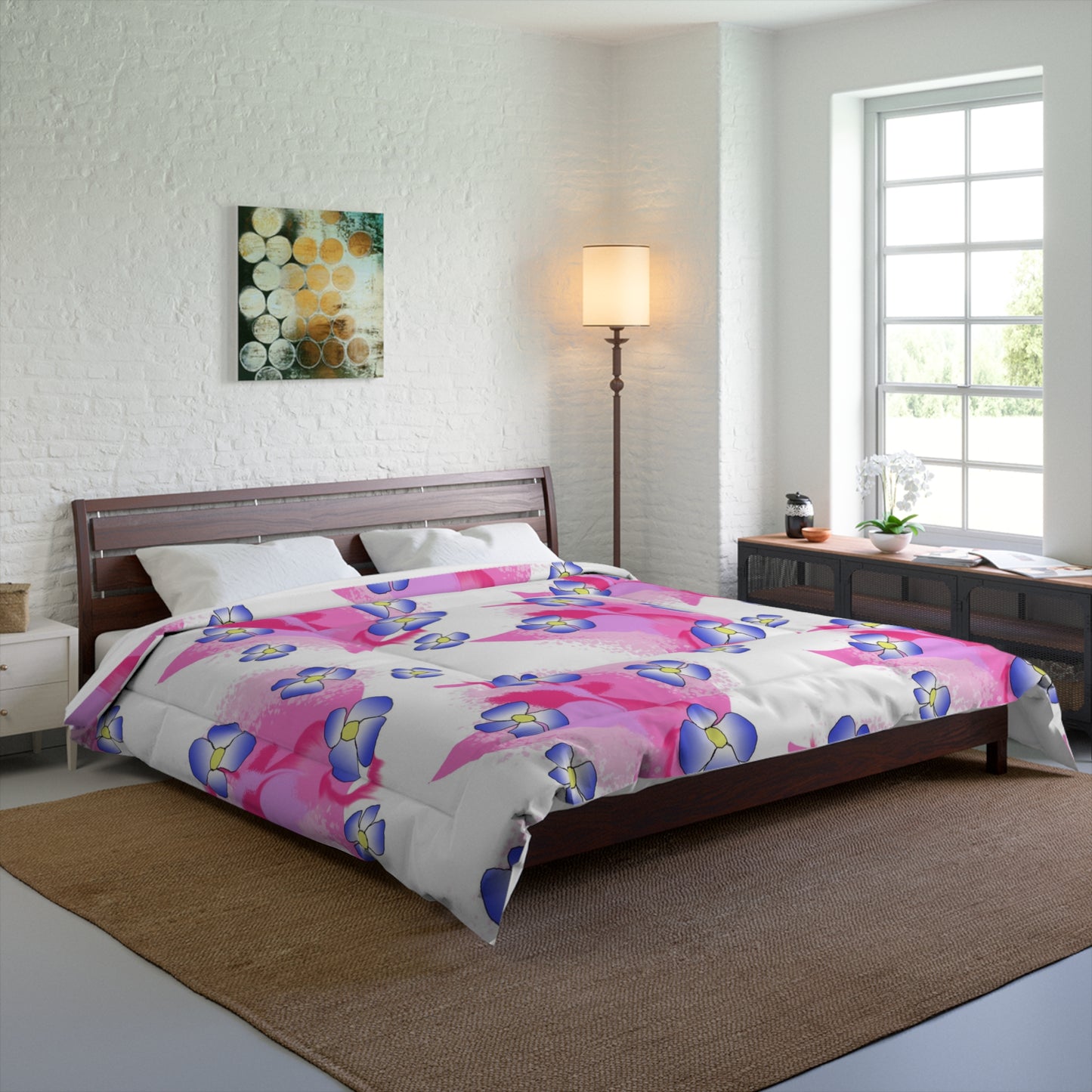 Pink Watercolor Floral Comforter — Pansy Bloom Bedding for Girls & Teens