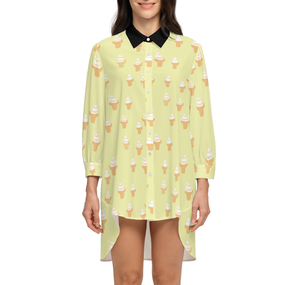 Ice Cream Cone Women's High-Low Long-Sleeve Hem Shirt Silky-like Elegance