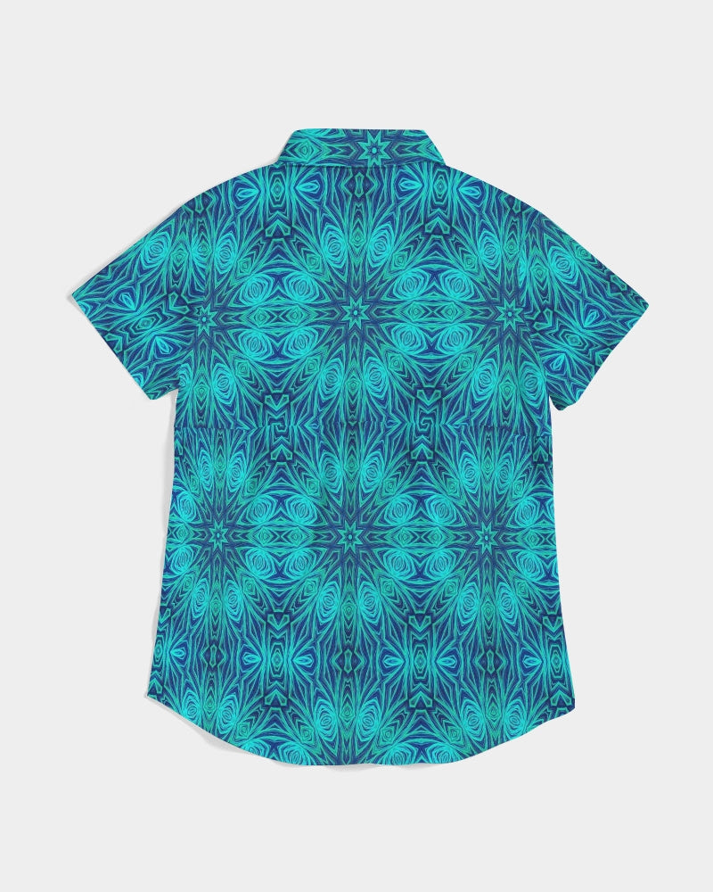 Blue Ice Kaleidoscope Women's All-Over Print Short Sleeve Button Up