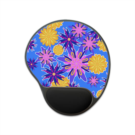 Fanciful Flowers on Blue Mouse Pad With Wrist Rest