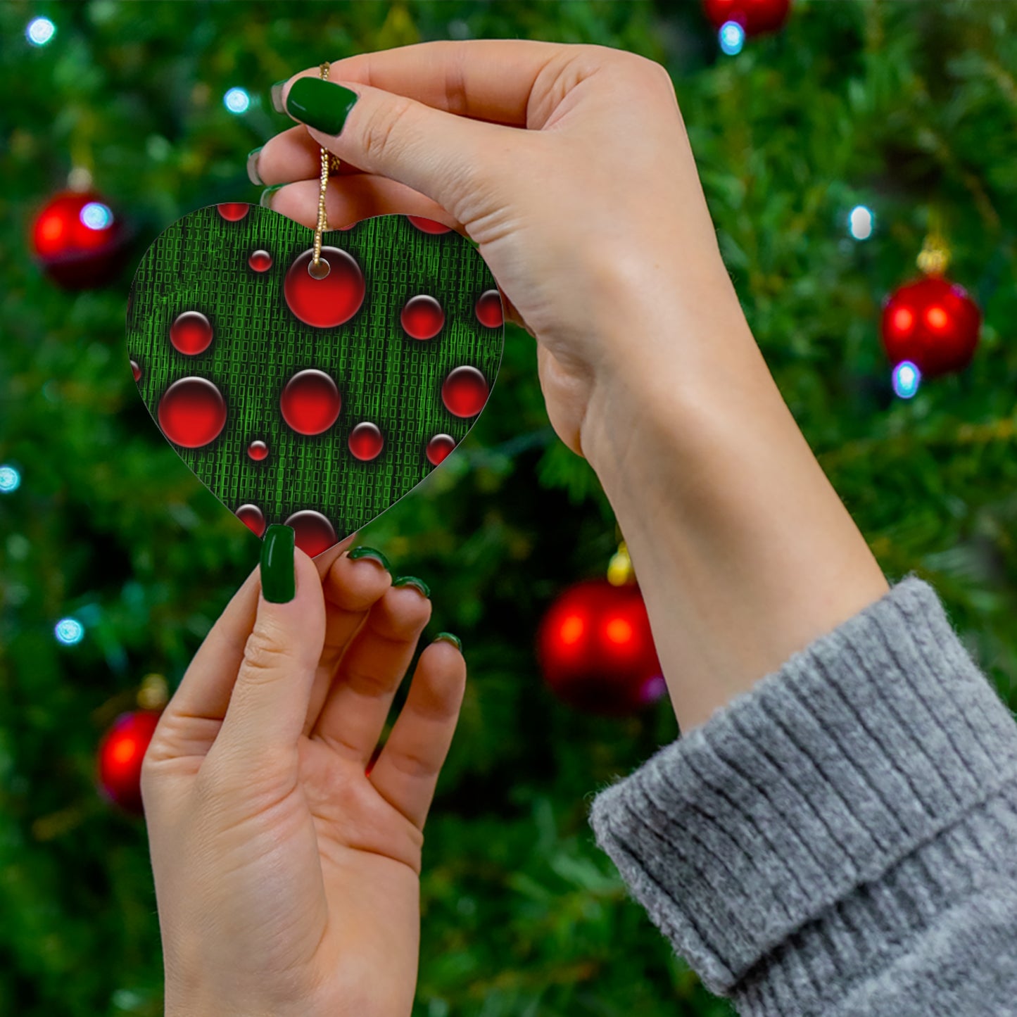 Binary Christmas Ceramic Ornament Set - Star Shape with Red Bubbles Design