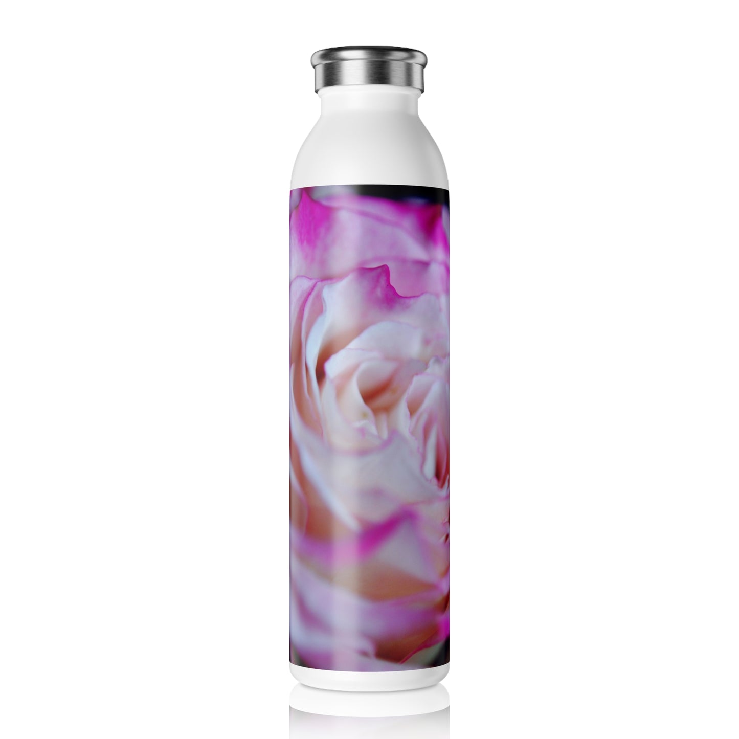 Slim Water Bottle — Pink Tea Rose Floral Stainless Steel Bottle