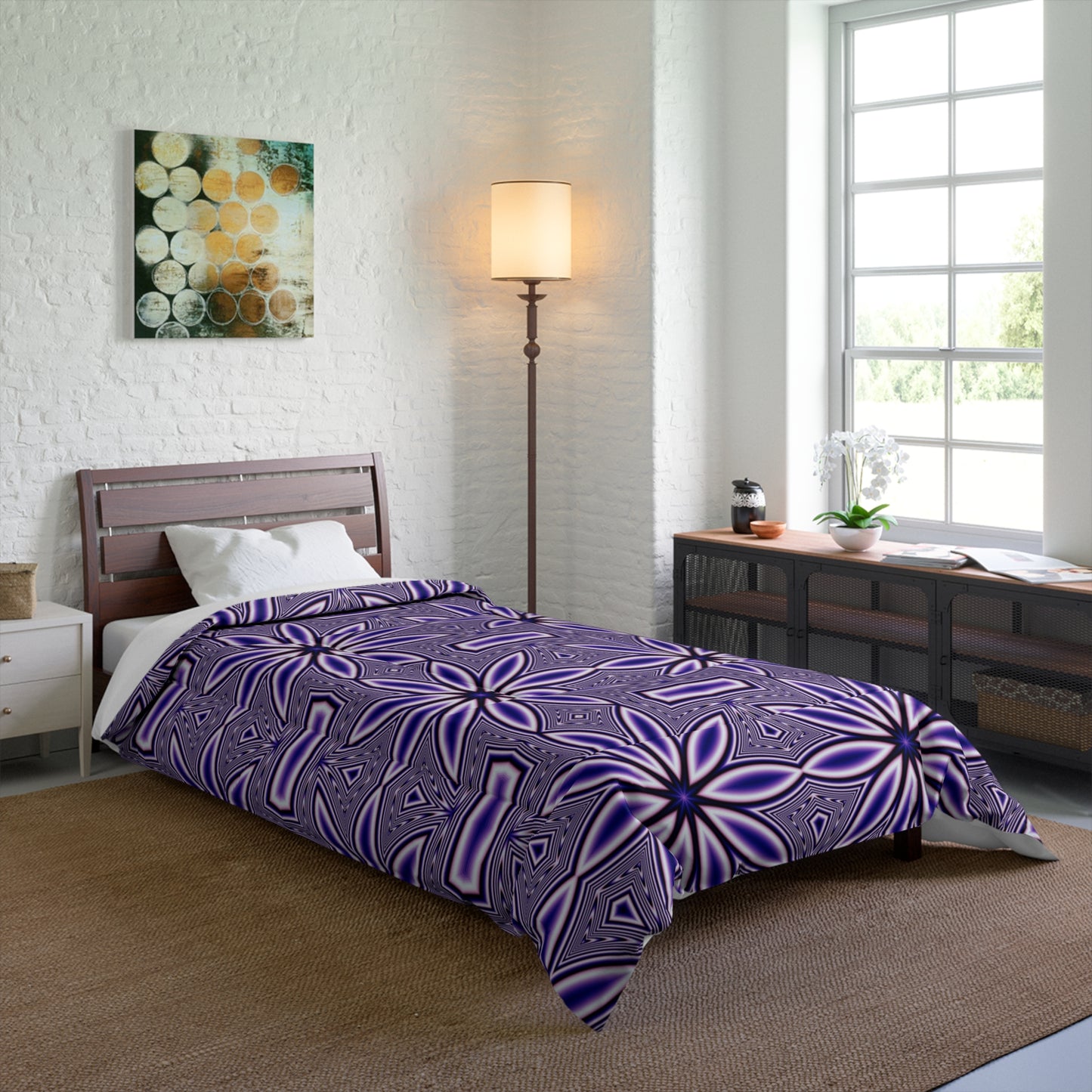 Purple Floral Geometric Comforter – Boho Starburst Pattern Bedding