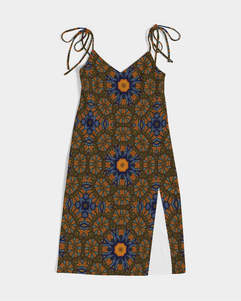 Blue and Yellow Sketch Kaleidoscope  Women's All-Over Print Tie Strap Split Dress