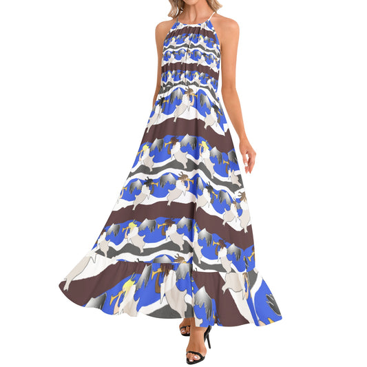 Angels Pattern Ruffle Hem Halter Neck Maxi Dress
