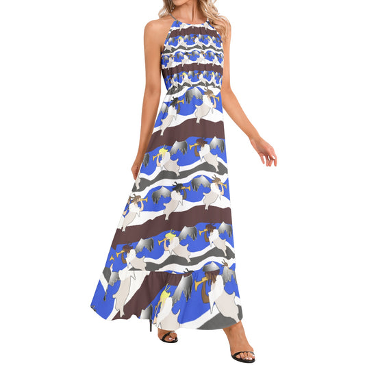 Angels Pattern Ruffle Hem Halter Neck Maxi Dress
