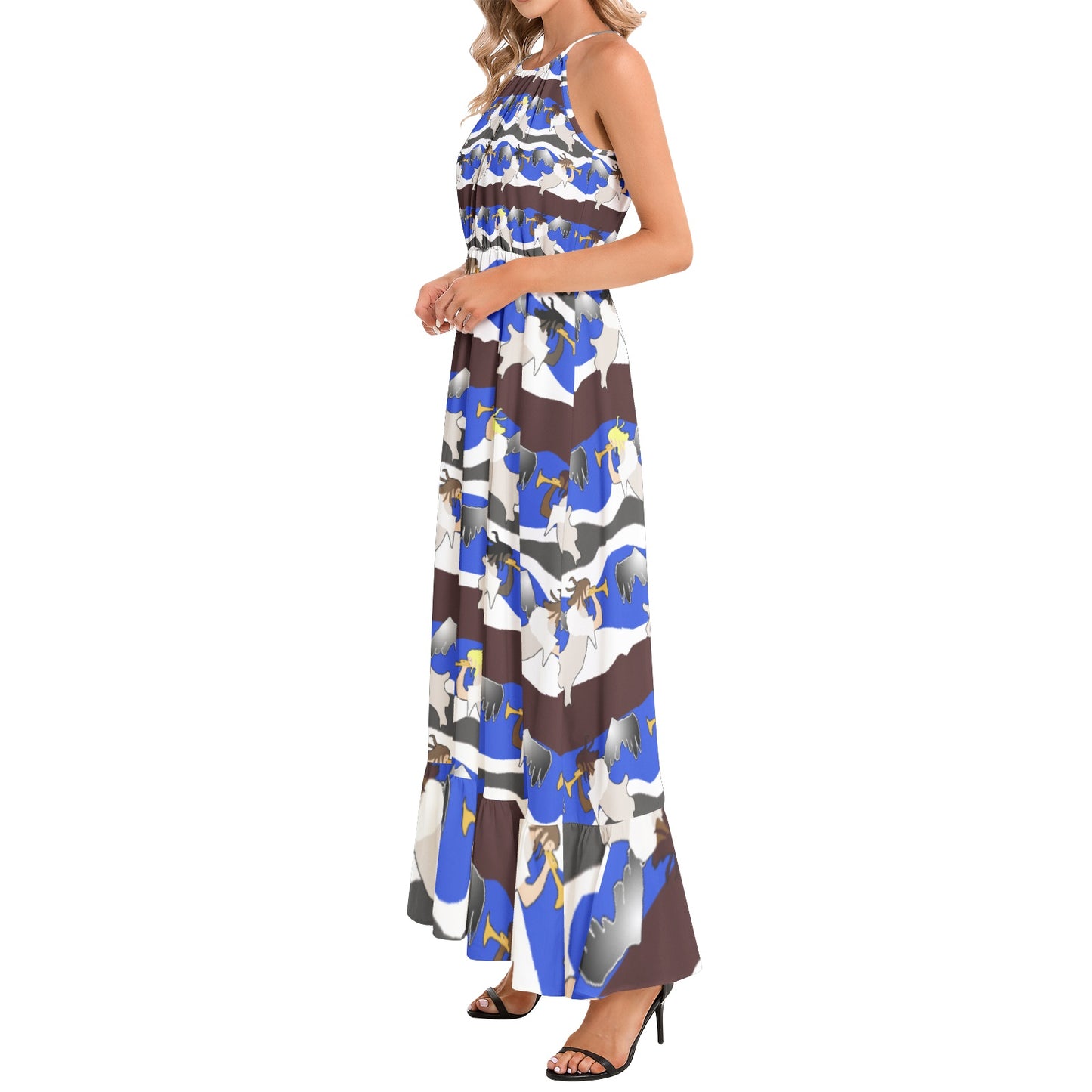 Angels Pattern Ruffle Hem Halter Neck Maxi Dress