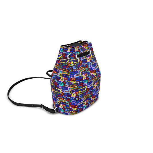 Wavy Square Pattern Leather Bucket Backpack