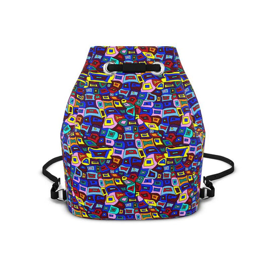 Wavy Square Pattern Leather Bucket Backpack