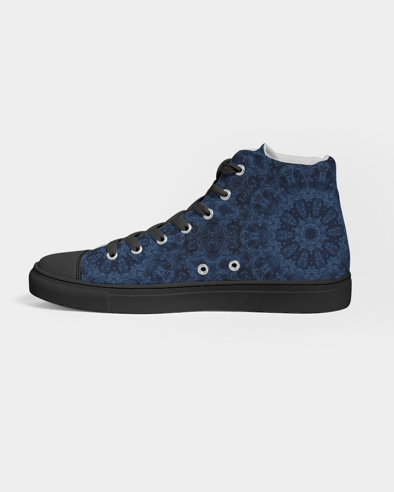 Blue Faux Velvet Kaleidoscope Women's Hightop Canvas Shoe - Black