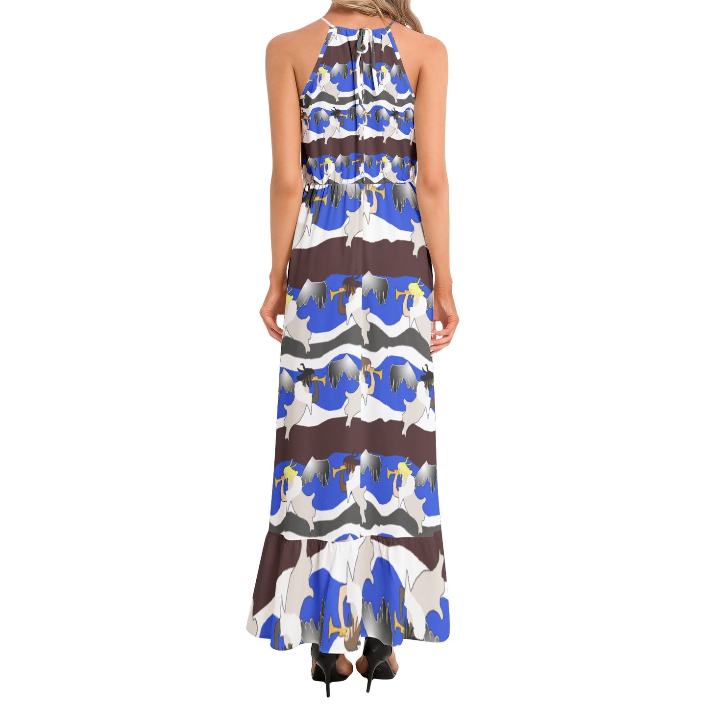 Angels Pattern Ruffle Hem Halter Neck Maxi Dress